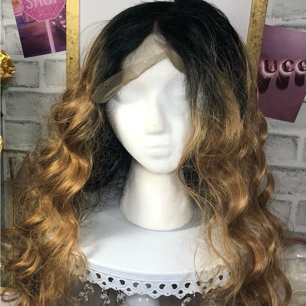 Lace Front Wig - Long, Wavy, Caramel with Dark Brown Roots - No Bangs - New
